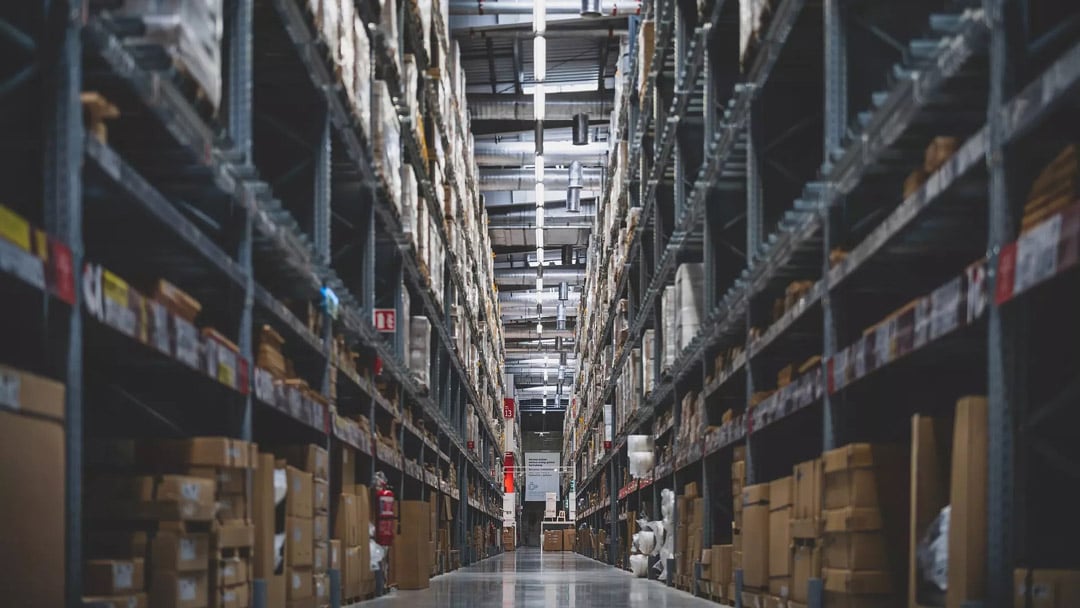 A warehouse full of boxed products in long-term storage.